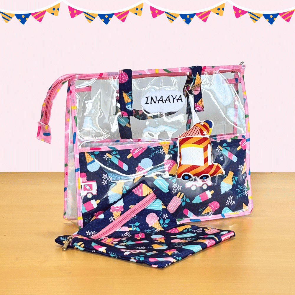Clear pouch with colorful design