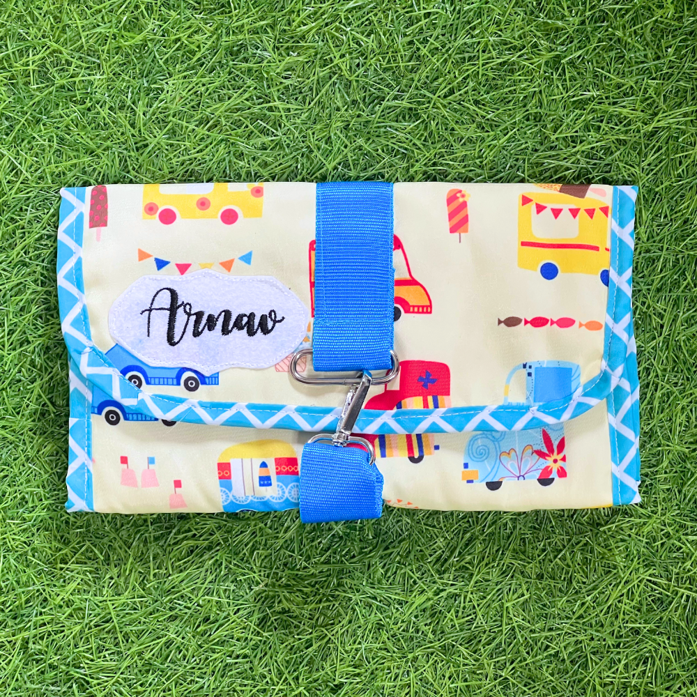 Fabric pouch with colorful vehicle