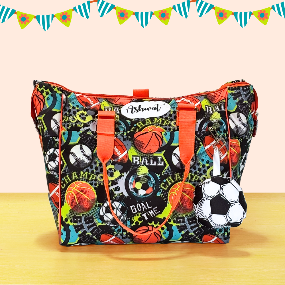 Colorful bag with sports-themed