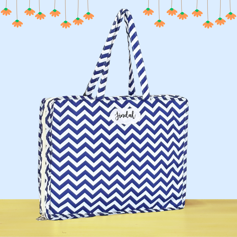 Blue and white chevron patterned bag
