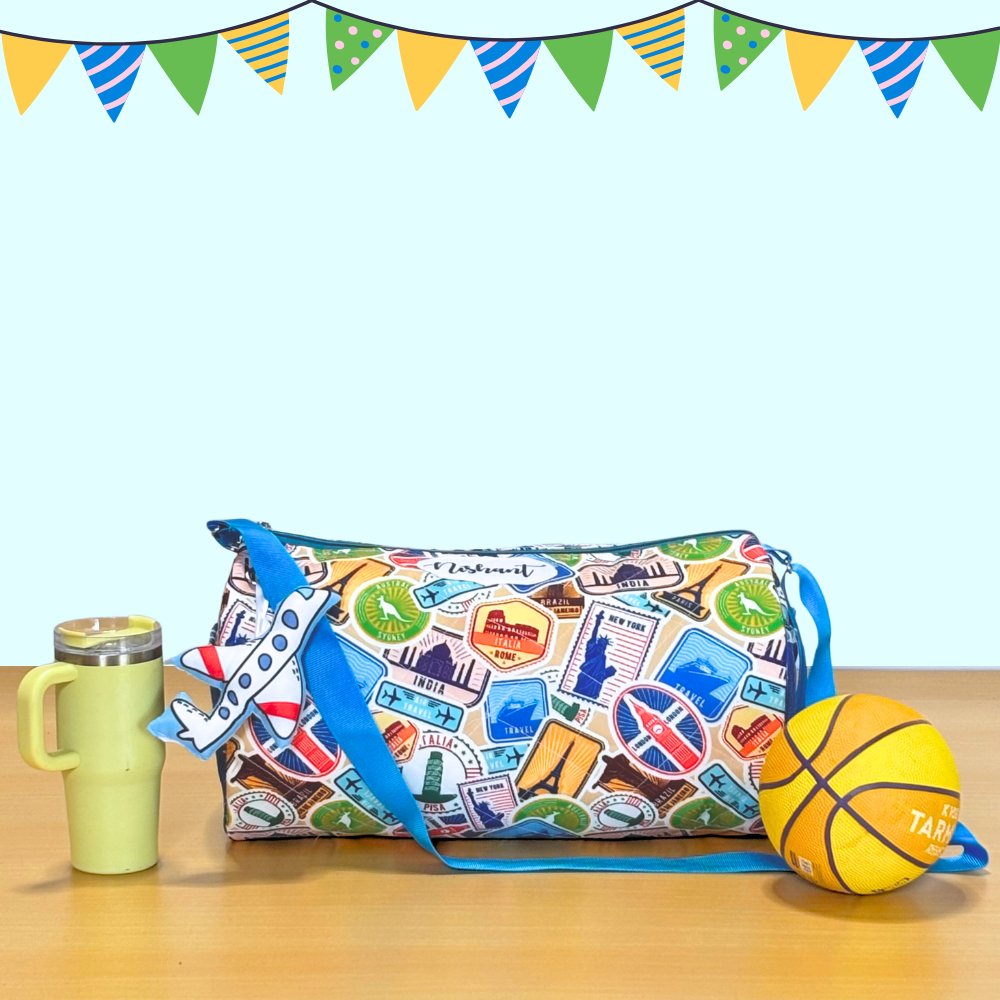 Colorful travel-themed bag