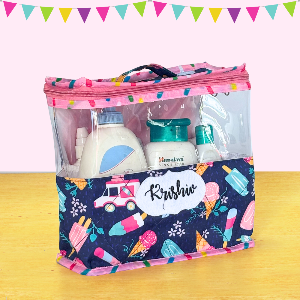 Clear travel bag with colorful pattern