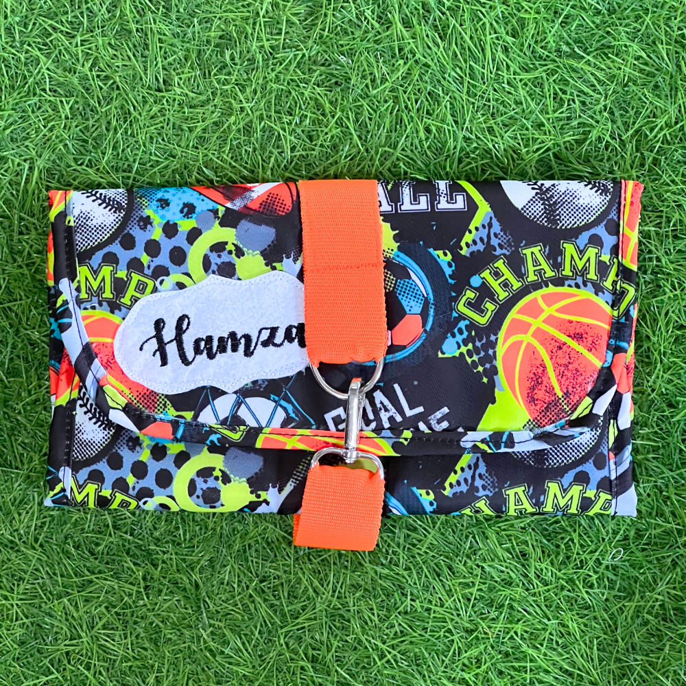 Colorful wallet with sports-themed