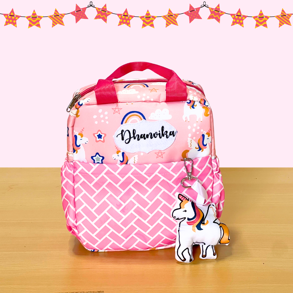 Pink backpack with unicorn design