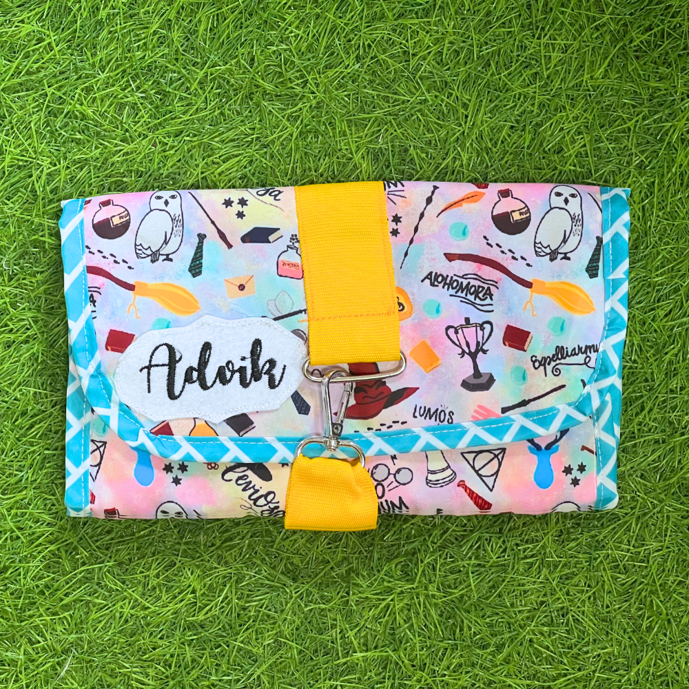 Colorful bag with a yellow strap