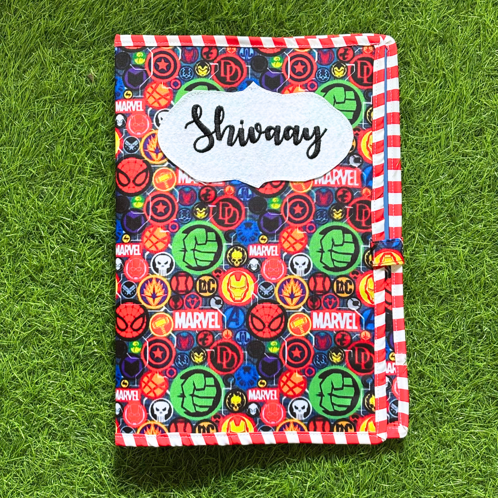 Colorful notebook with Marvel logos