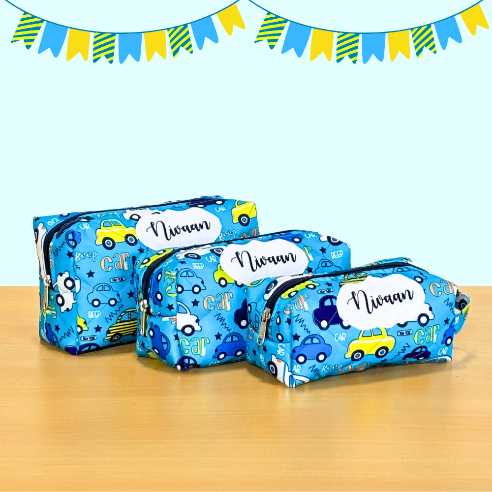 Three blue pouches with car pattern
