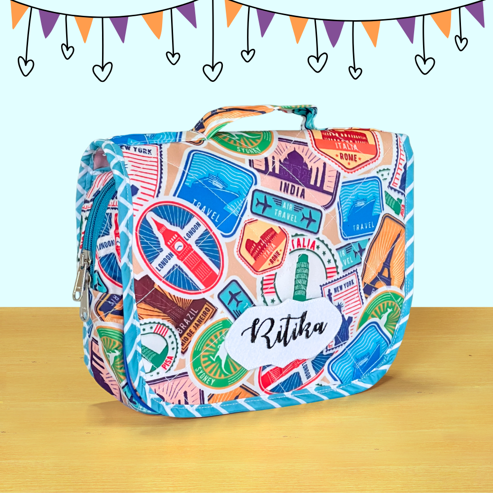 Colorful travel-themed pouch