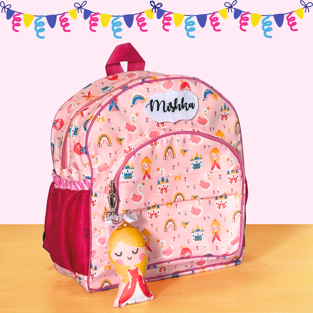 Pink children's backpack with cartoon design and 'Mishka' label