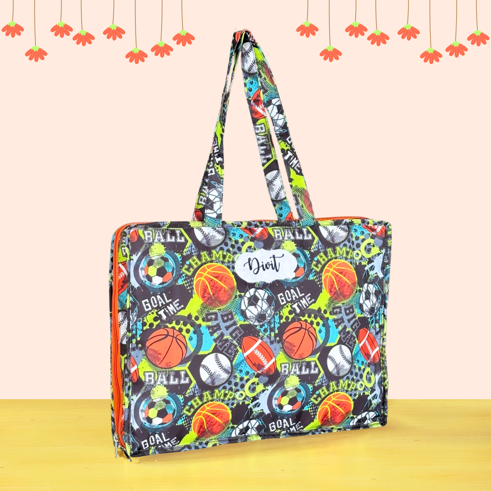 Colorful sports-themed tote bag