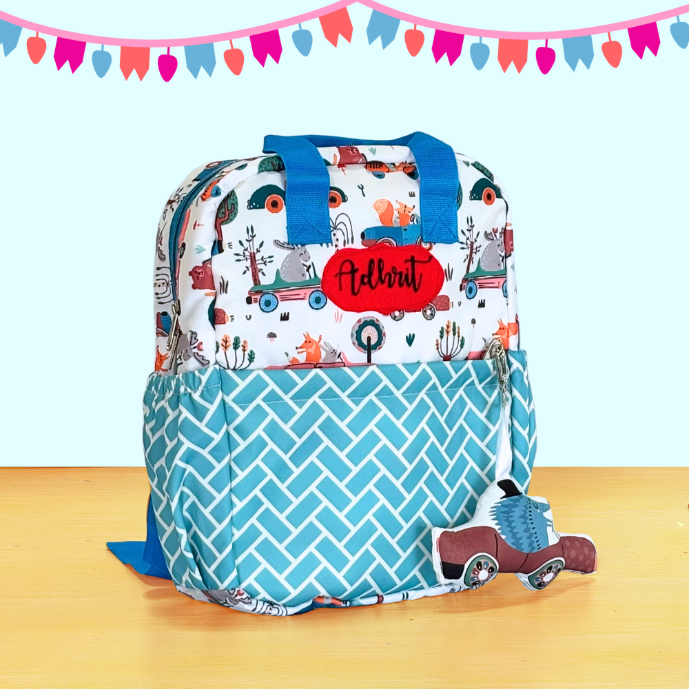 Backpack with colorful design and blue patterned base