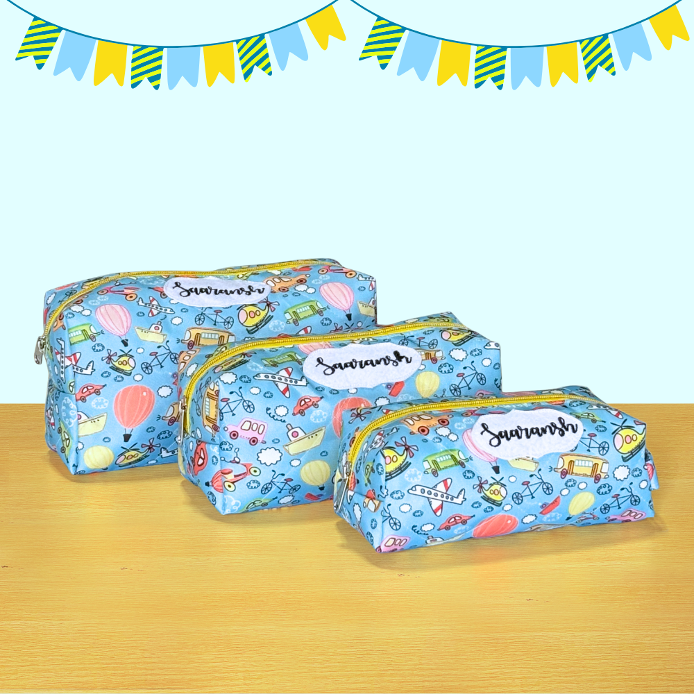 Three blue pencil cases