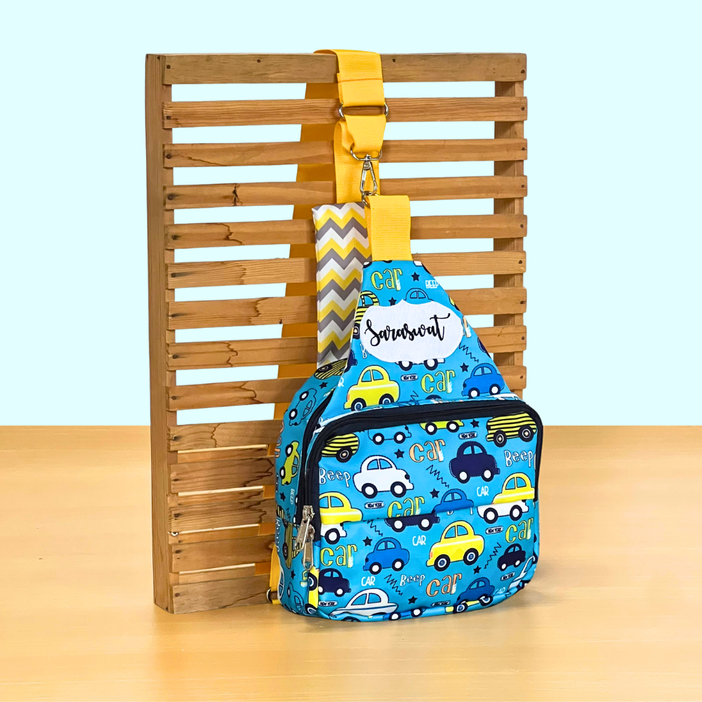 Blue backpack with car pattern
