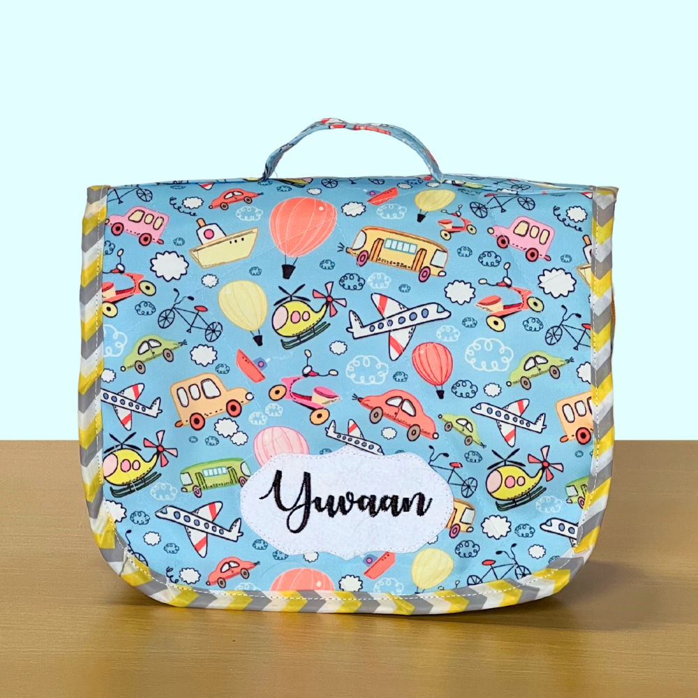 Colorful children's bag with vehicle