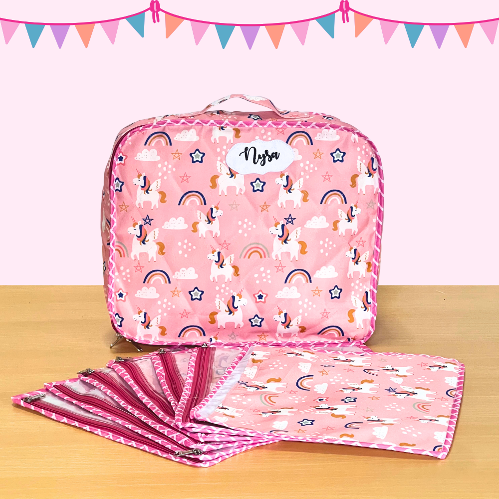 Pink unicorn-patterned pouch