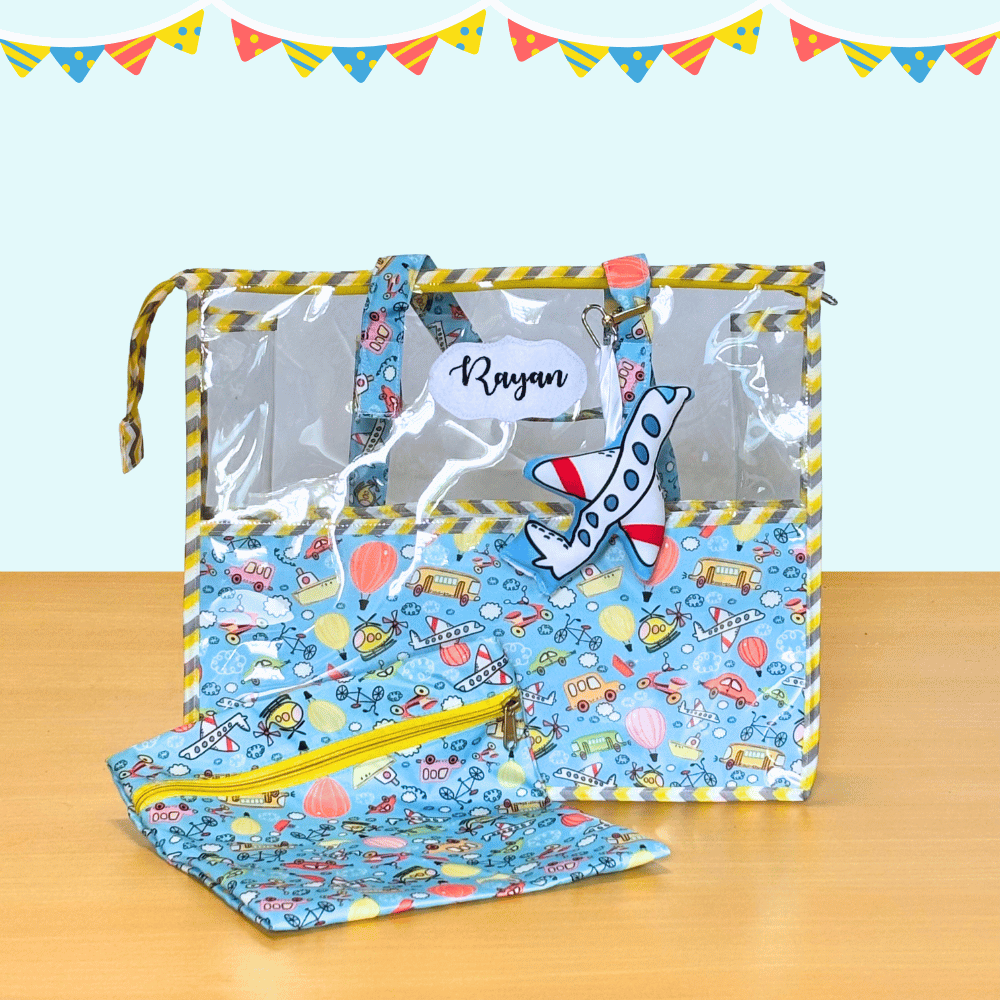 Clear pouch with airplane