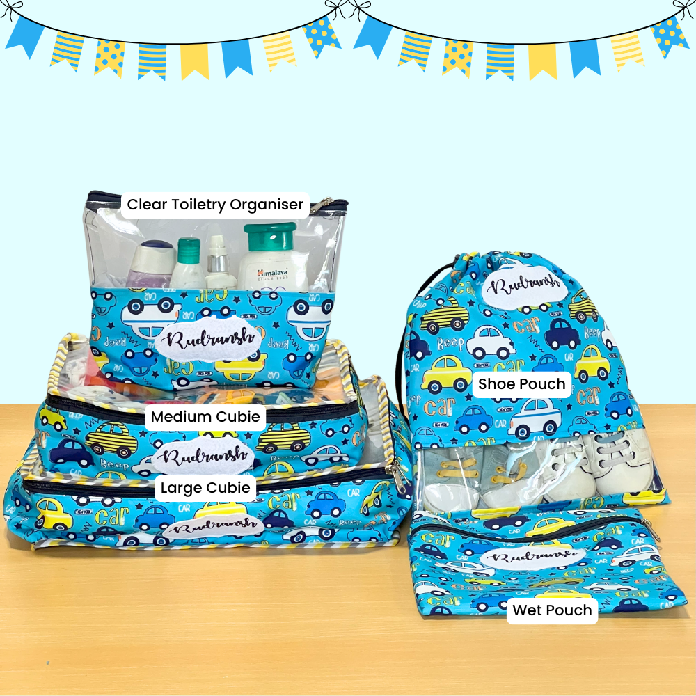 Set of blue children's toiletry bags