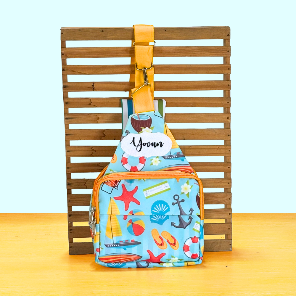 Colorful backpack with beach-themed design