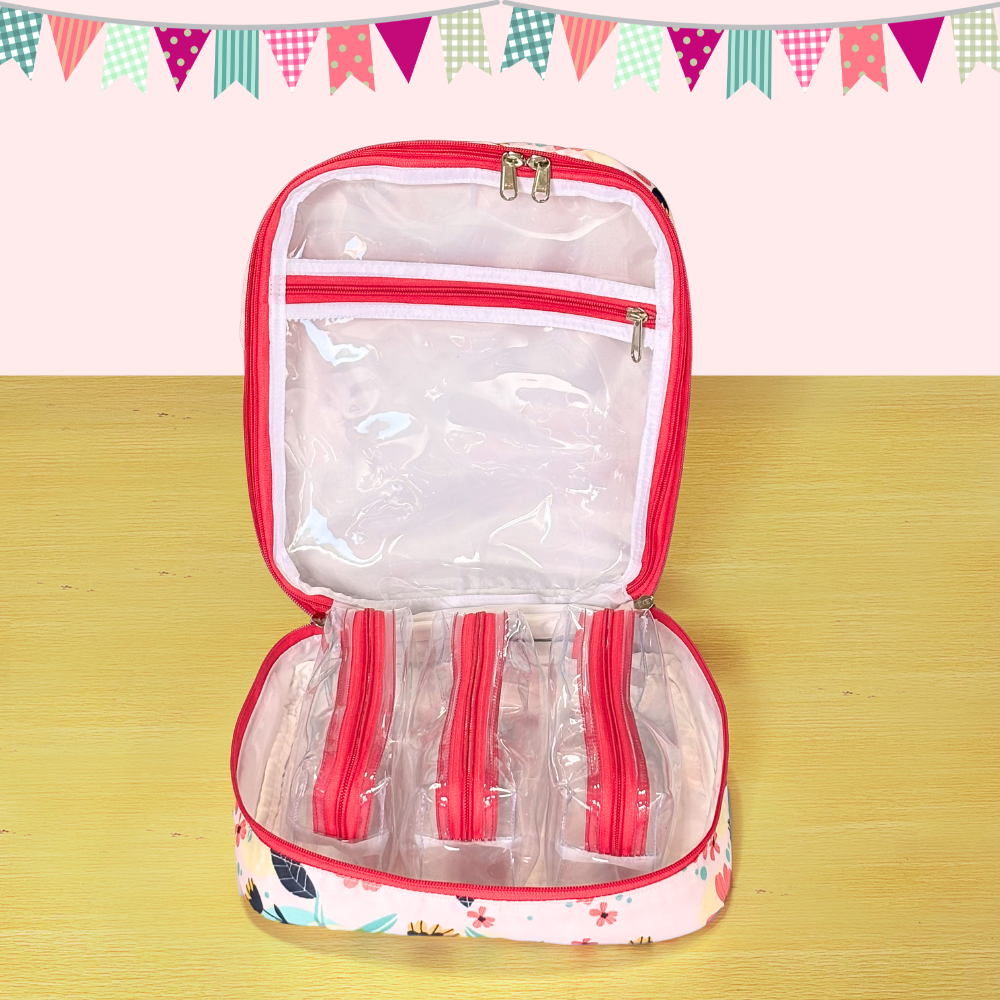 Clear makeup bag with pink zipper