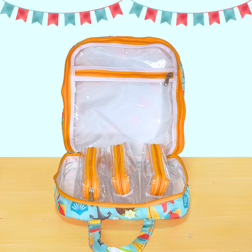 Makeup bag with orange zippers