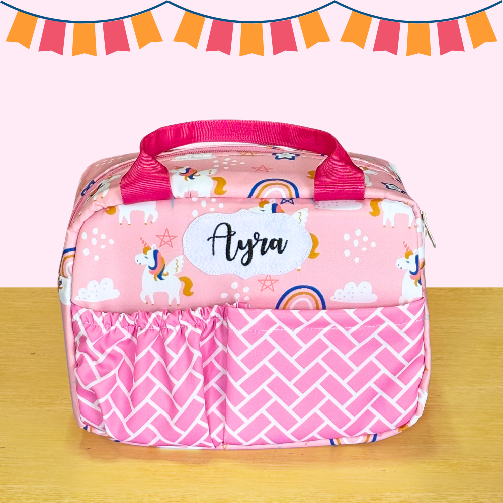 Pink lunch bag with unicorn design