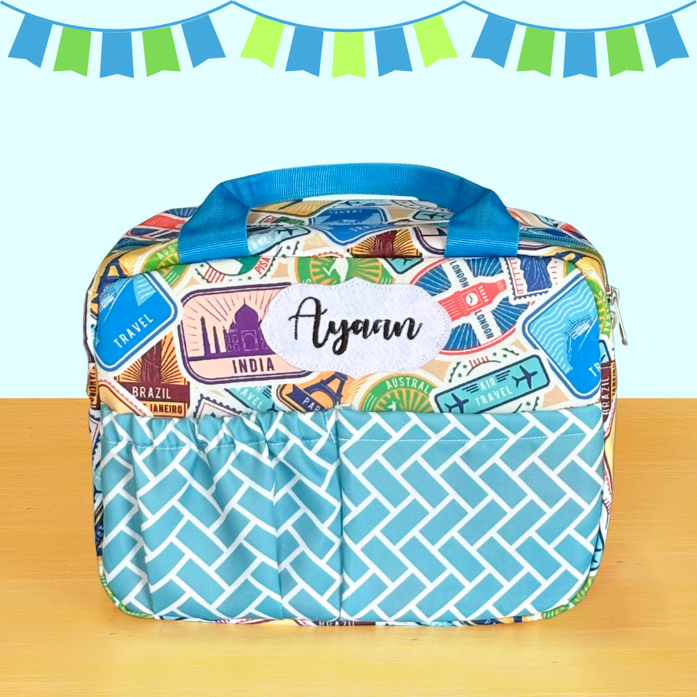 Colorful travel-themed bag
