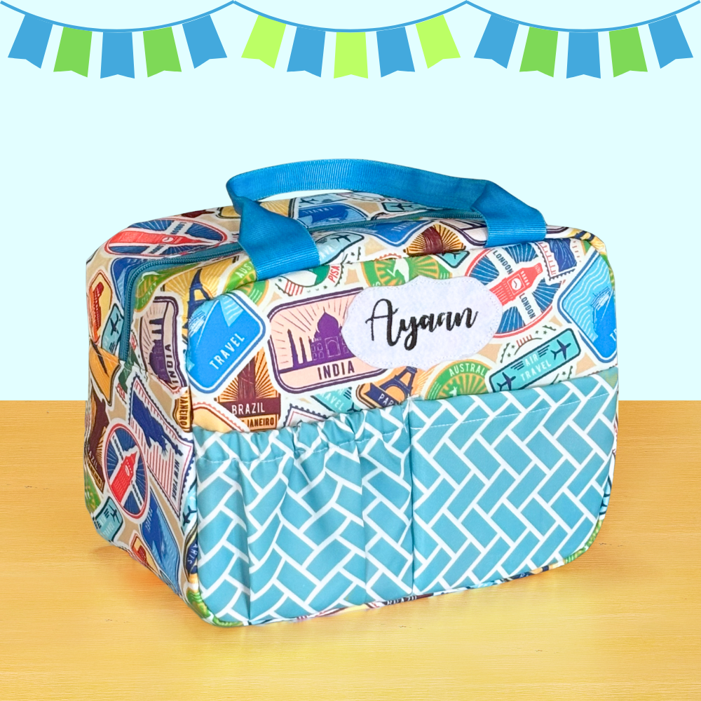 Colorful travel-themed bag
