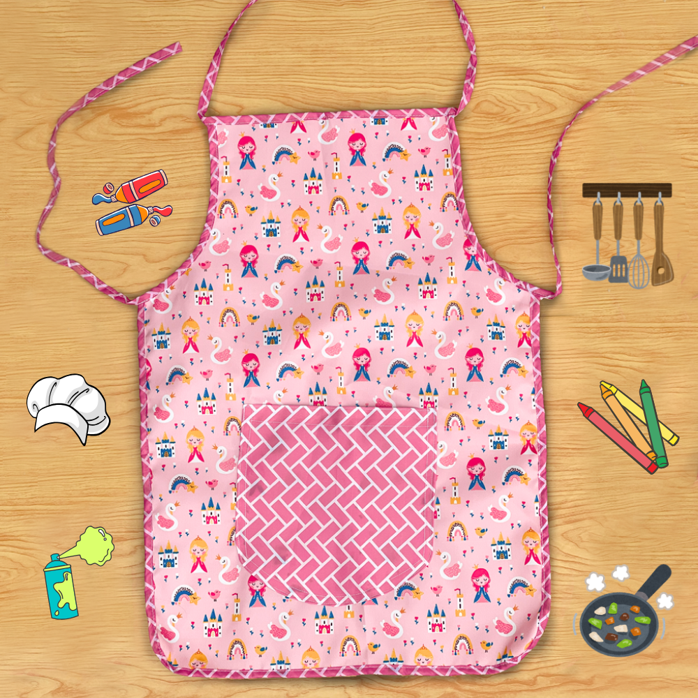 Pink children's apron with colorful patterns