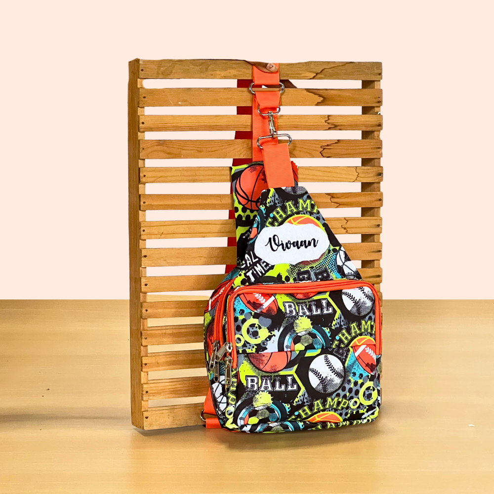 Multicolored sports-themed sling bag