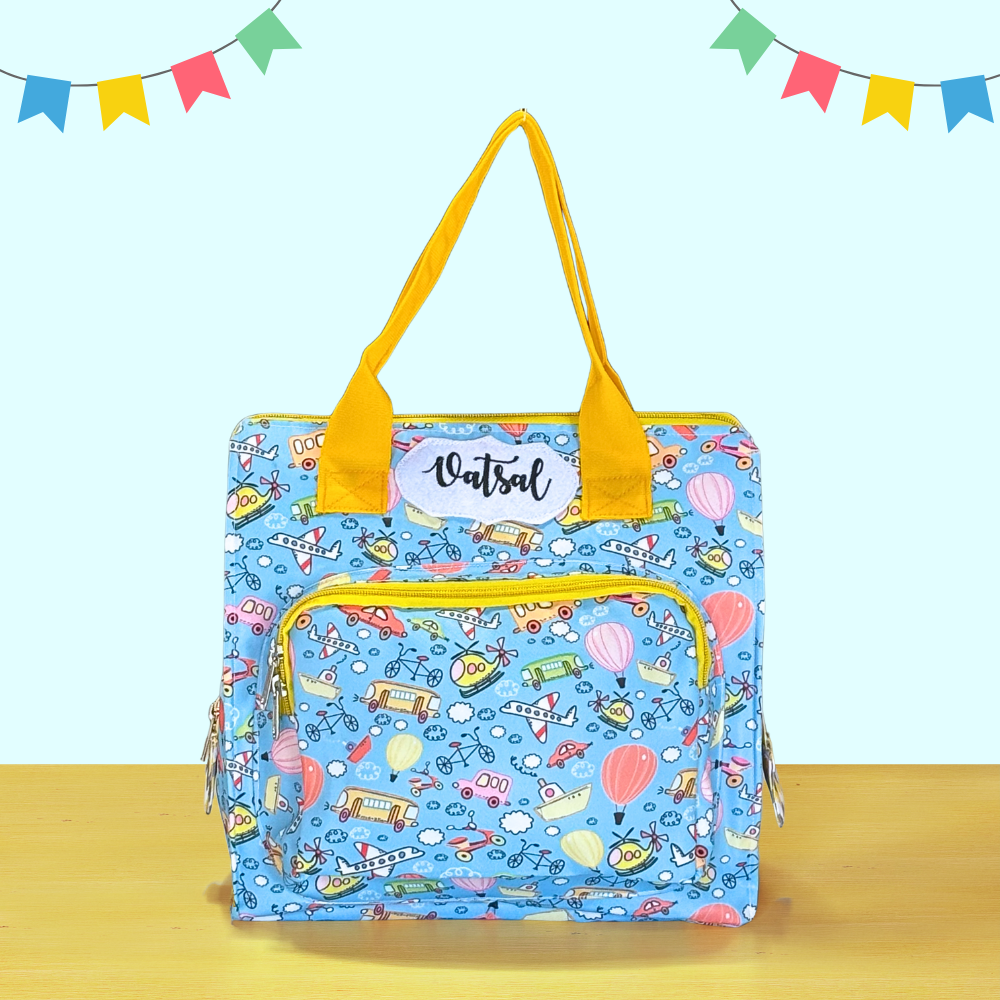 Colorful bag with cartoon patterns on a light blue