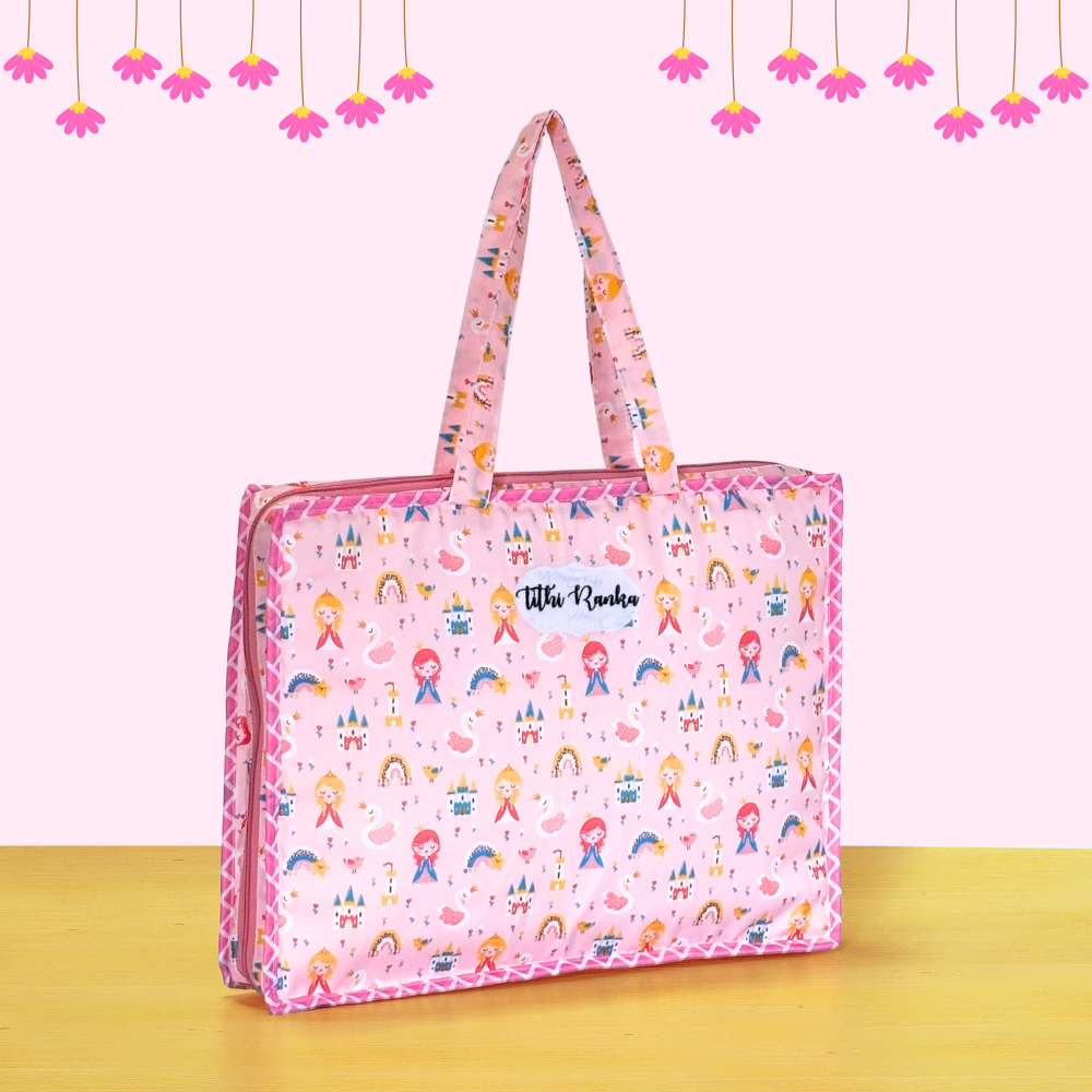 Pink tote bag with colorful patterns