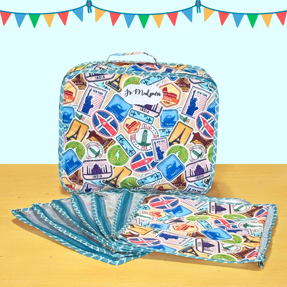 Colorful travel-themed suitcase