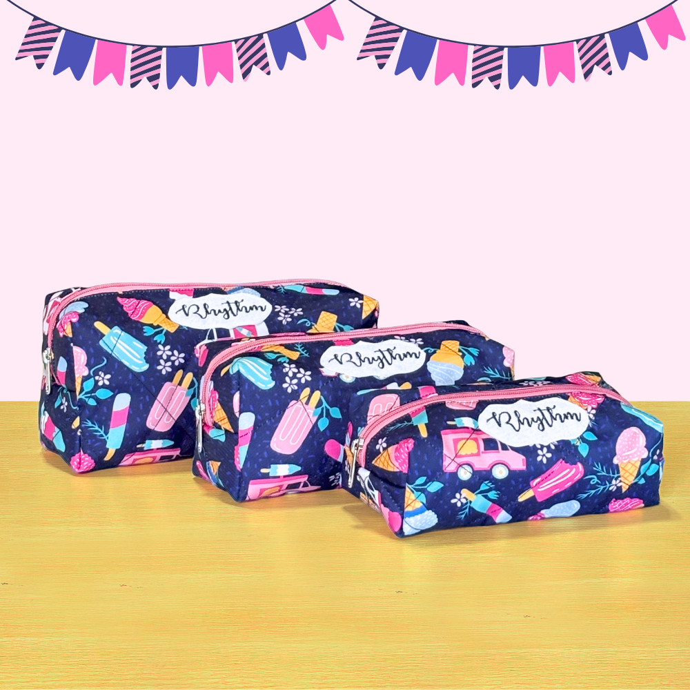 Three colorful pencil cases
