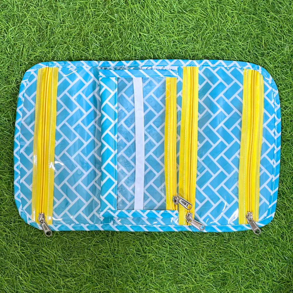 Blue and yellow patterned pouch