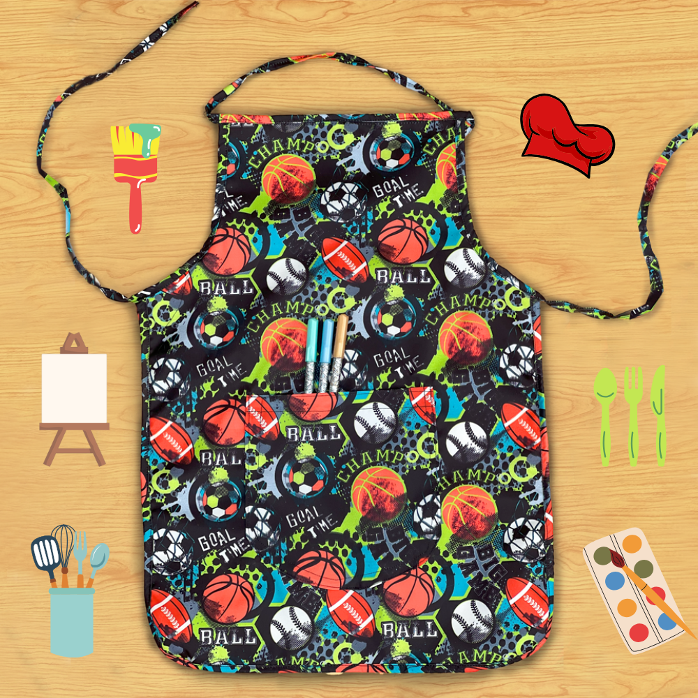 Colorful apron with sports-themed