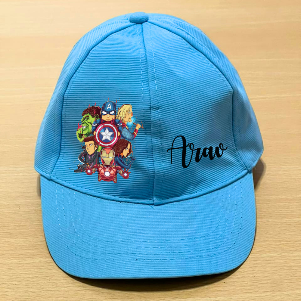 Blue cap with superhero design
