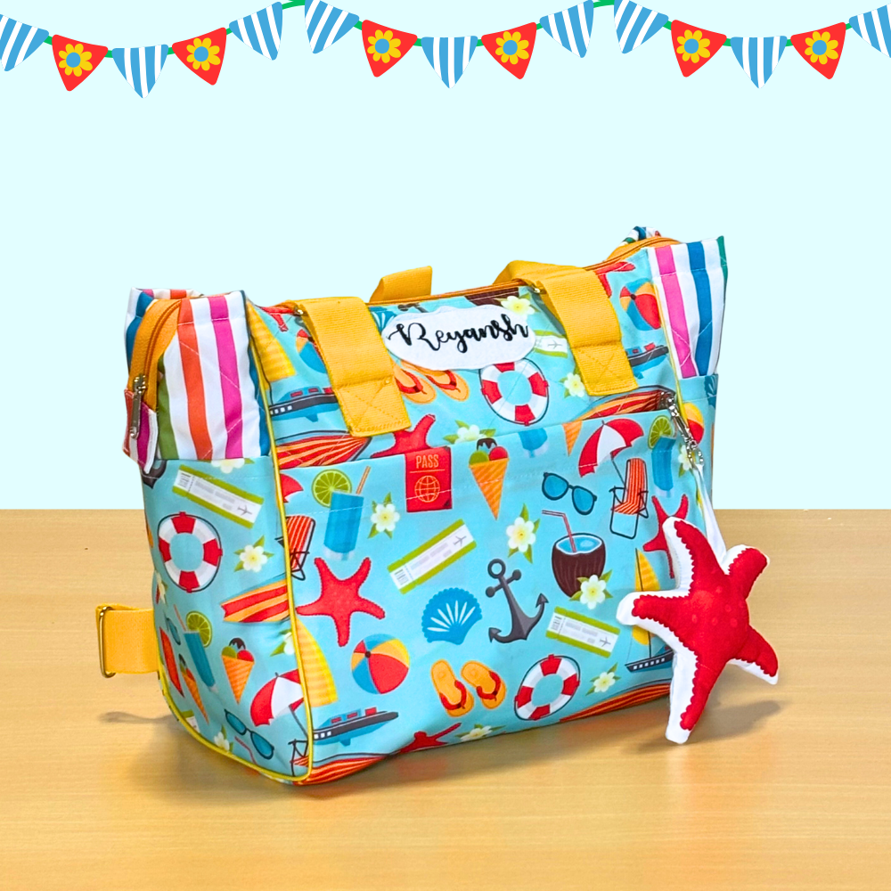 Colorful beach-themed diaper bag