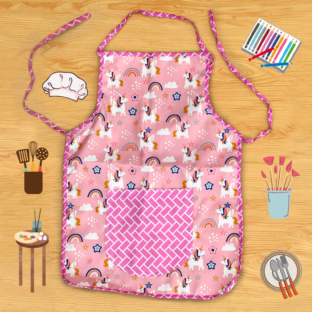 Pink apron with unicorn pattern