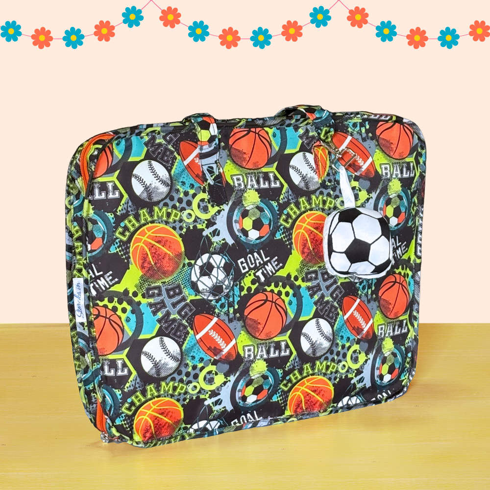 Multicolored sports-themed bag