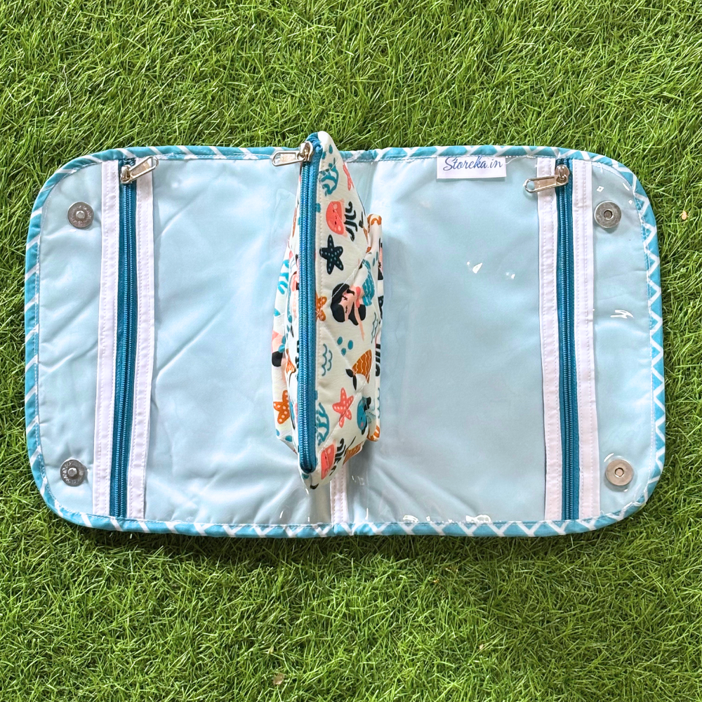 Light blue pouch with colorful strap