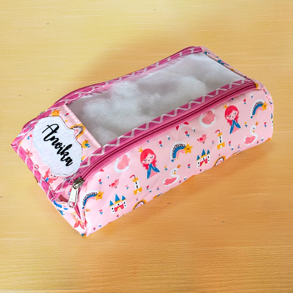 Pink pencil case with fairy design
