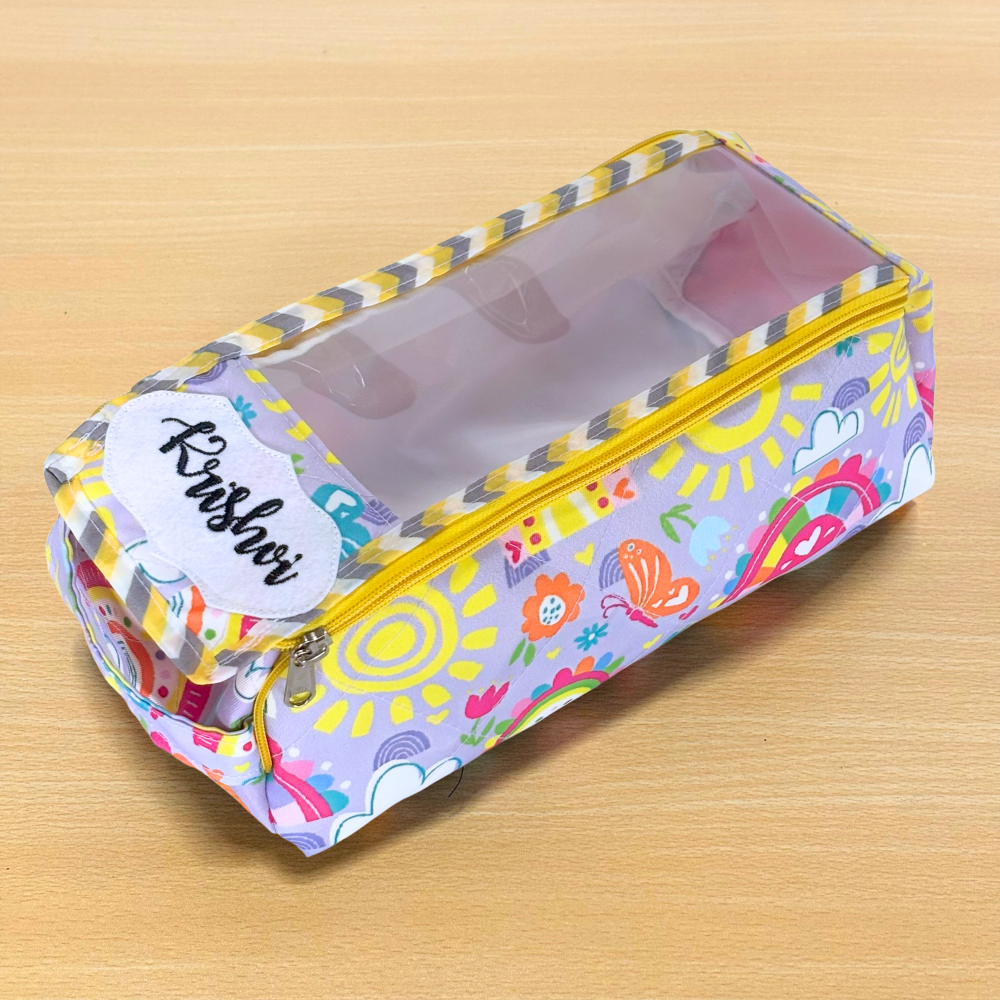 Colorful pencil case with a clear window