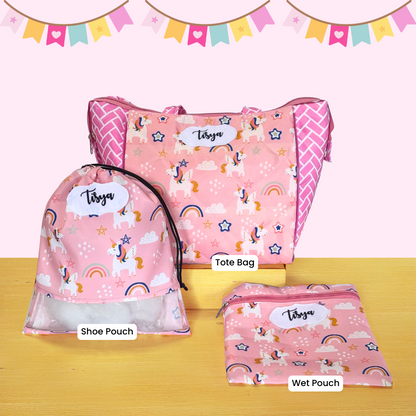 Pink reusable bags with unicorn pattern