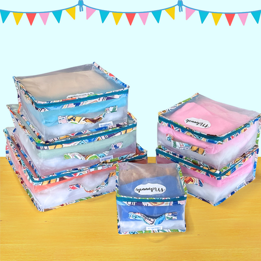 Stack of colorful fabric storage bags
