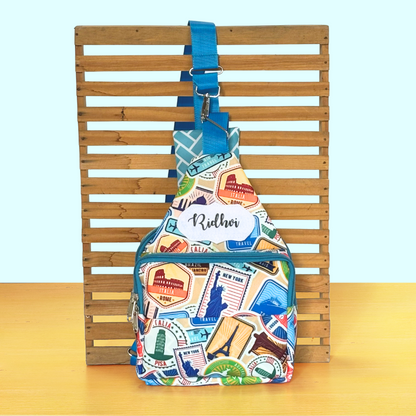 Travel-themed crossbody bag