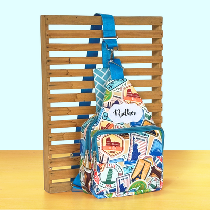 Colorful travel-themed bag