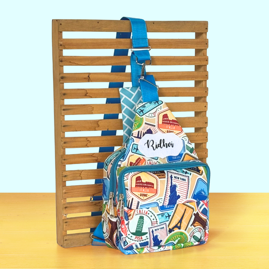 Colorful travel-themed bag