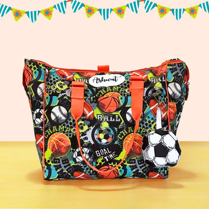 Colorful bag with sports-themed