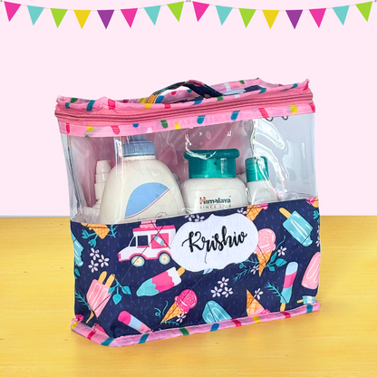Clear travel bag with colorful pattern