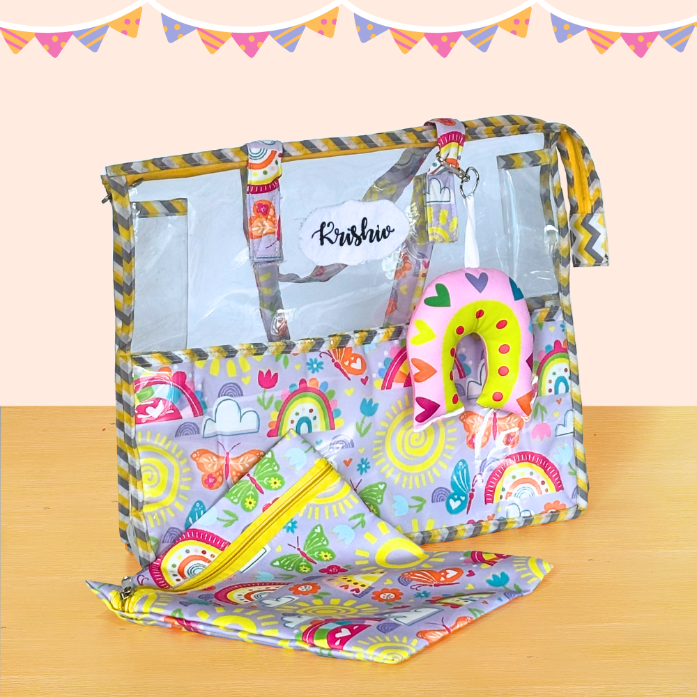 Colorful baby changing bag with cartoon designs